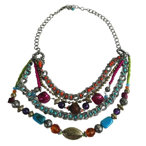 Silver Tone Multi Strand Bib Statement Necklace Beaded Colorful Boho Funky Fun - Picture 1 of 7
